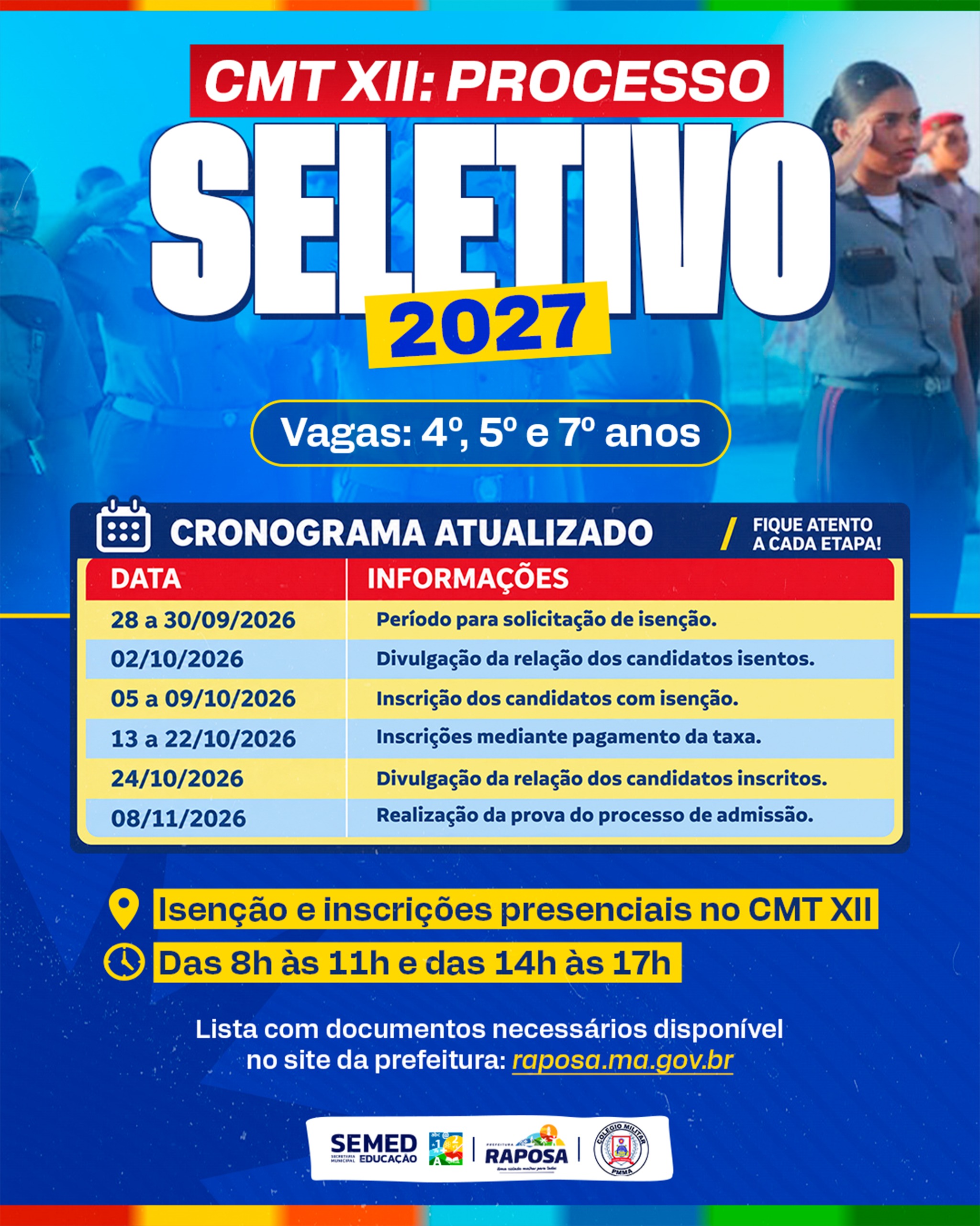 Colégio Militar Tiradentes XII de Raposa abre processo seletivo para o ano letivo de 2027